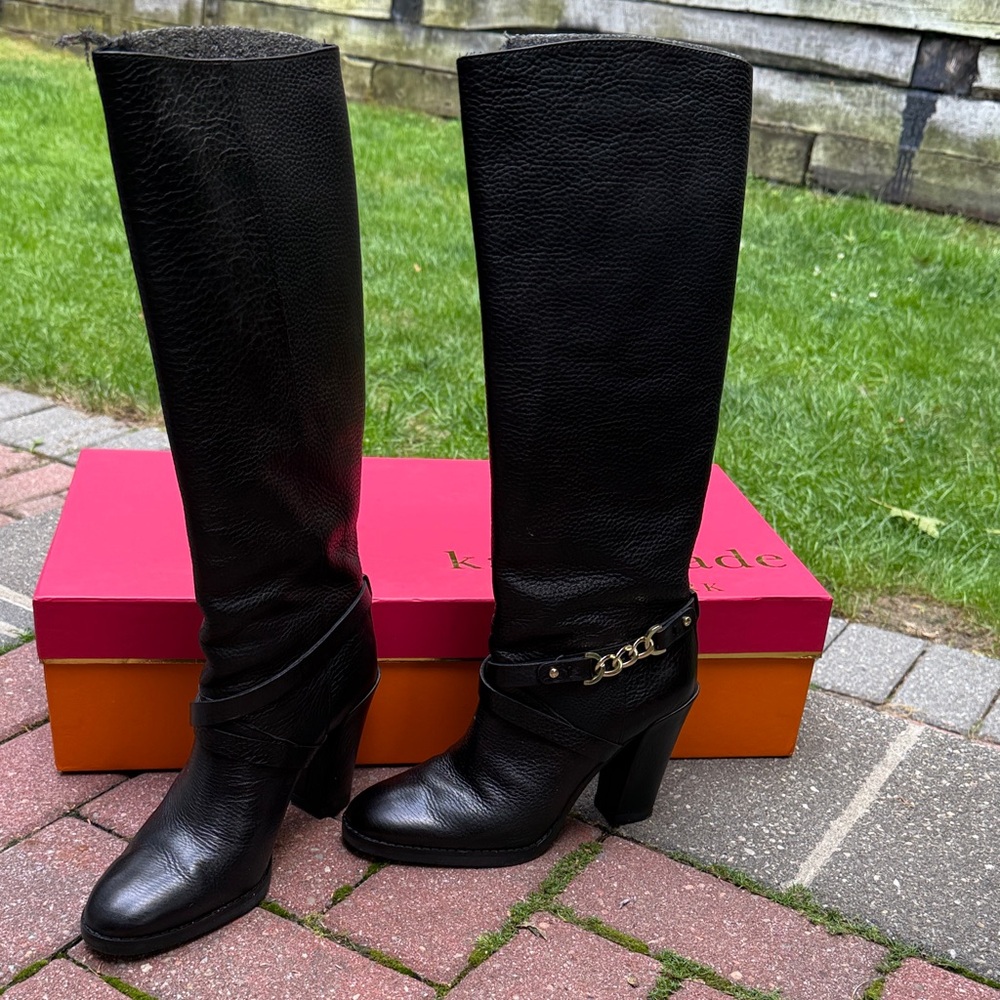Kate Spade Black Heeled Boots with Chain Detail